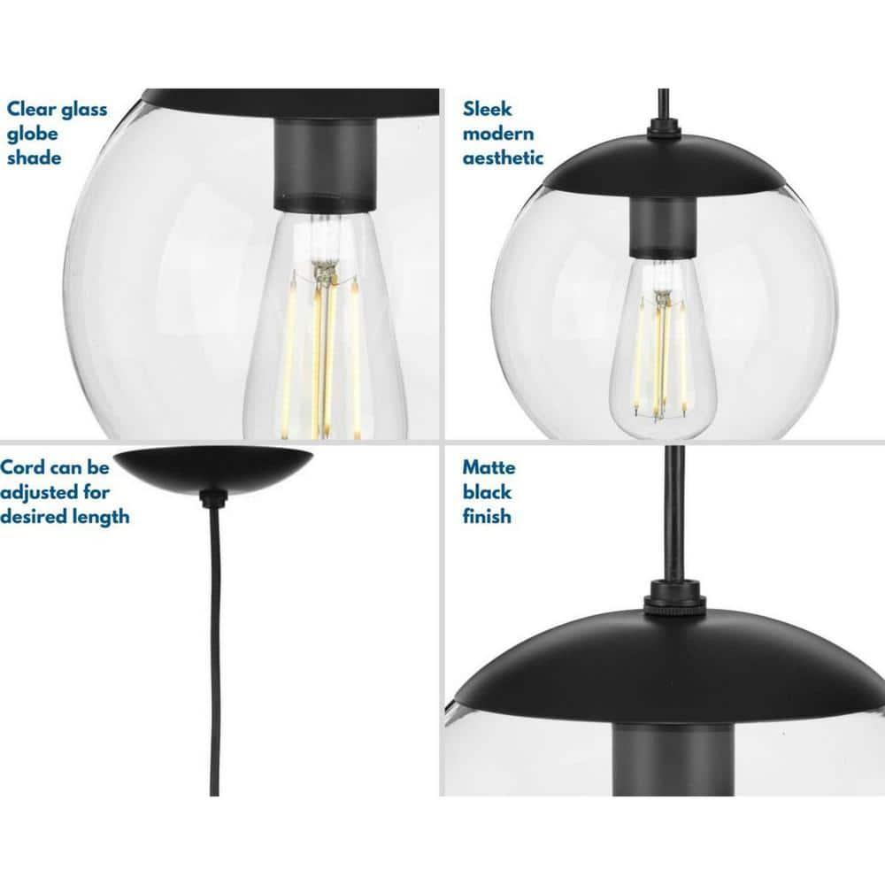 Progress Lighting Atwell 1-Light Glass Globe Brushed Nickel Modern Pendant Light, Steel, Matte Black, Clear Glass Globe Shade