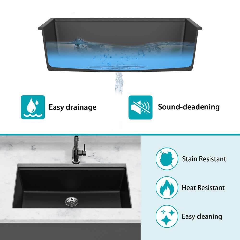 33 in. x 19 in. Undermount Kitchen Sink, 16-Gauge Granite Composite Workstation Sinks Single Bowl in Black