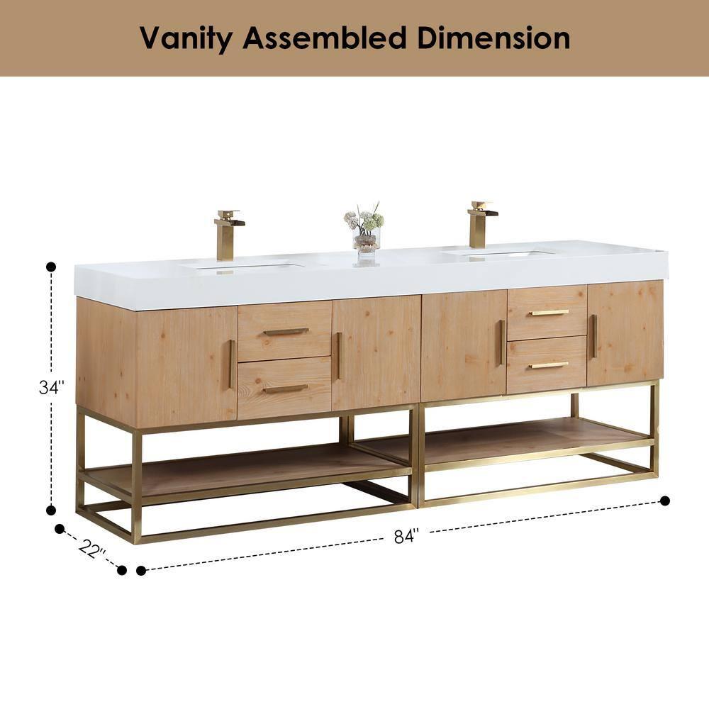 Bianco 84" Wood Vanity in Light Brown with  Composite Stone Top without Mirror