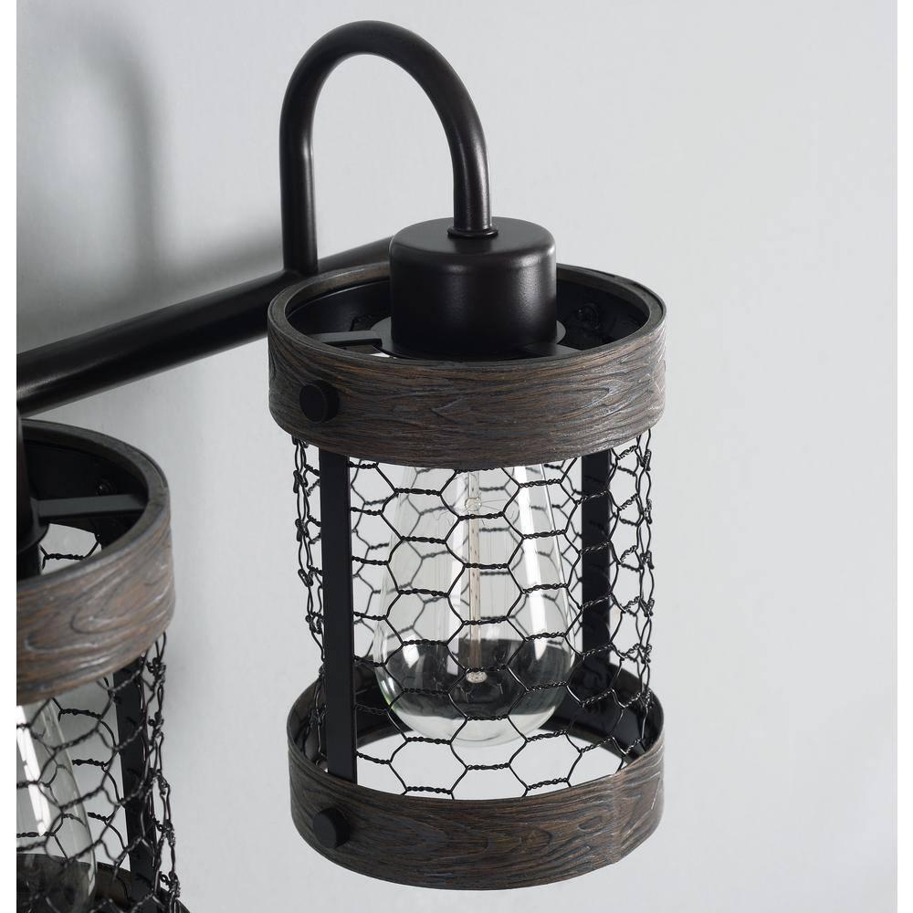 Co-t Kenroy Home Industrial Farmhouse 3-Light Bath Vanity Fixture With Chicken Wire Mesh Shades & Distressed Wood Accents