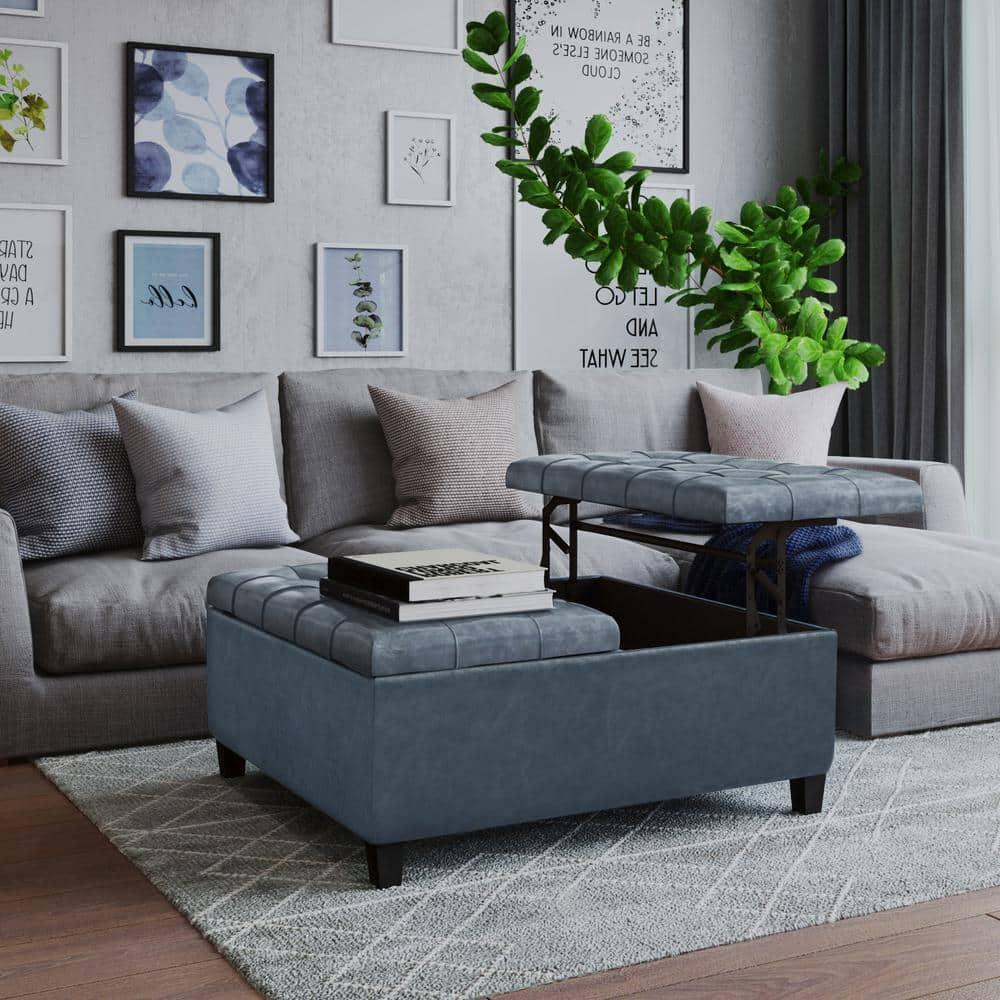 Simpli Home Harrison 36"W Upholstered Square Coffee Table Storage Ottoman with Split Lift Top