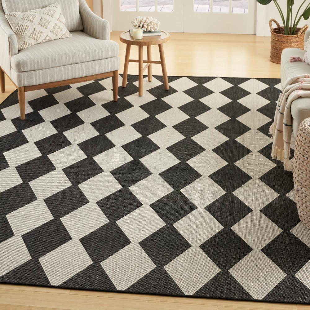 Nourison Positano Retro Diamond Flatweave Indoor Outdoor Low Pile Area Rug Black 8' x 10'