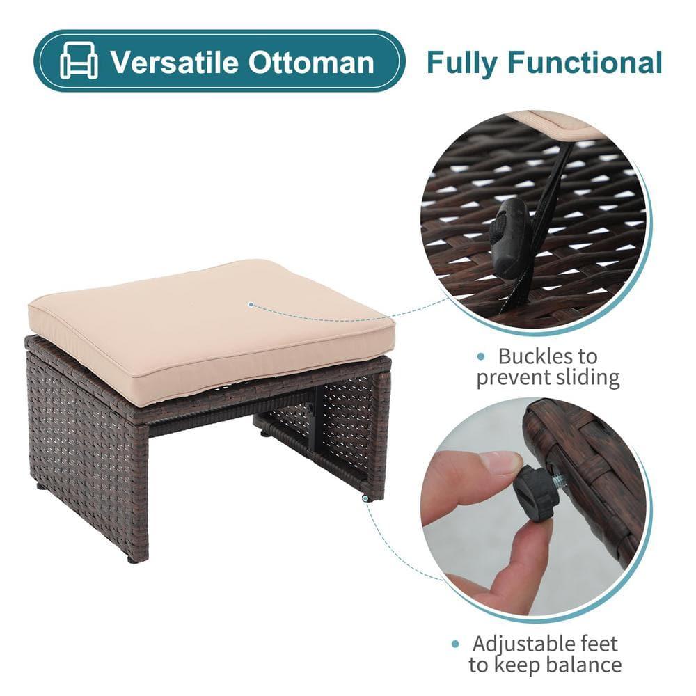 5-Piece Patio Conversation Set Balcony Furniture Set with Beige Cushions, Brown Wicker Chair with Ottoman, Storage Table for Backyard, Garden, Porch