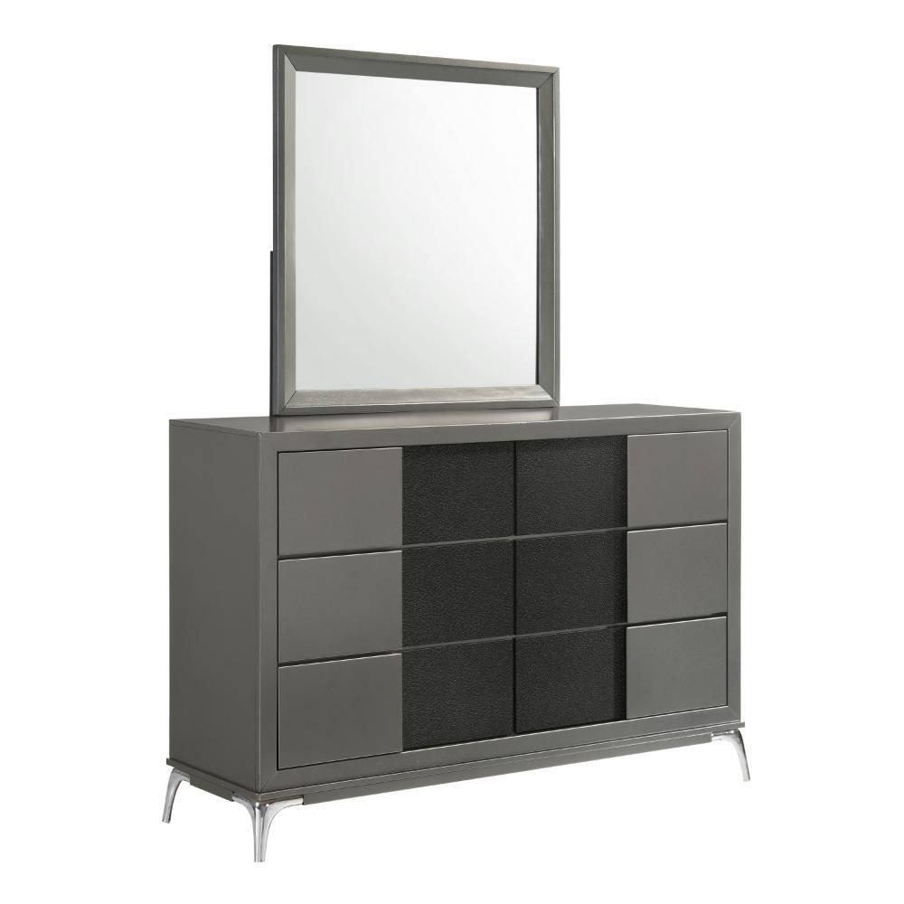 Benjara Rya 56 Inch Modern Wide Dresser with 6 Drawers, Gray Wood, Chrome