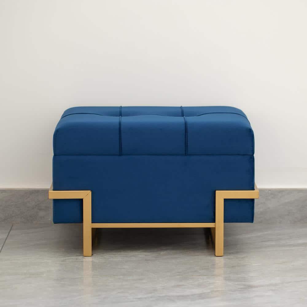 Fabulaxe Rectangle Velvet Storage Ottoman with Abstract Golden Legs | Sitting Bench for Living Room Home Decor with Unique Base Support (Blue Small)