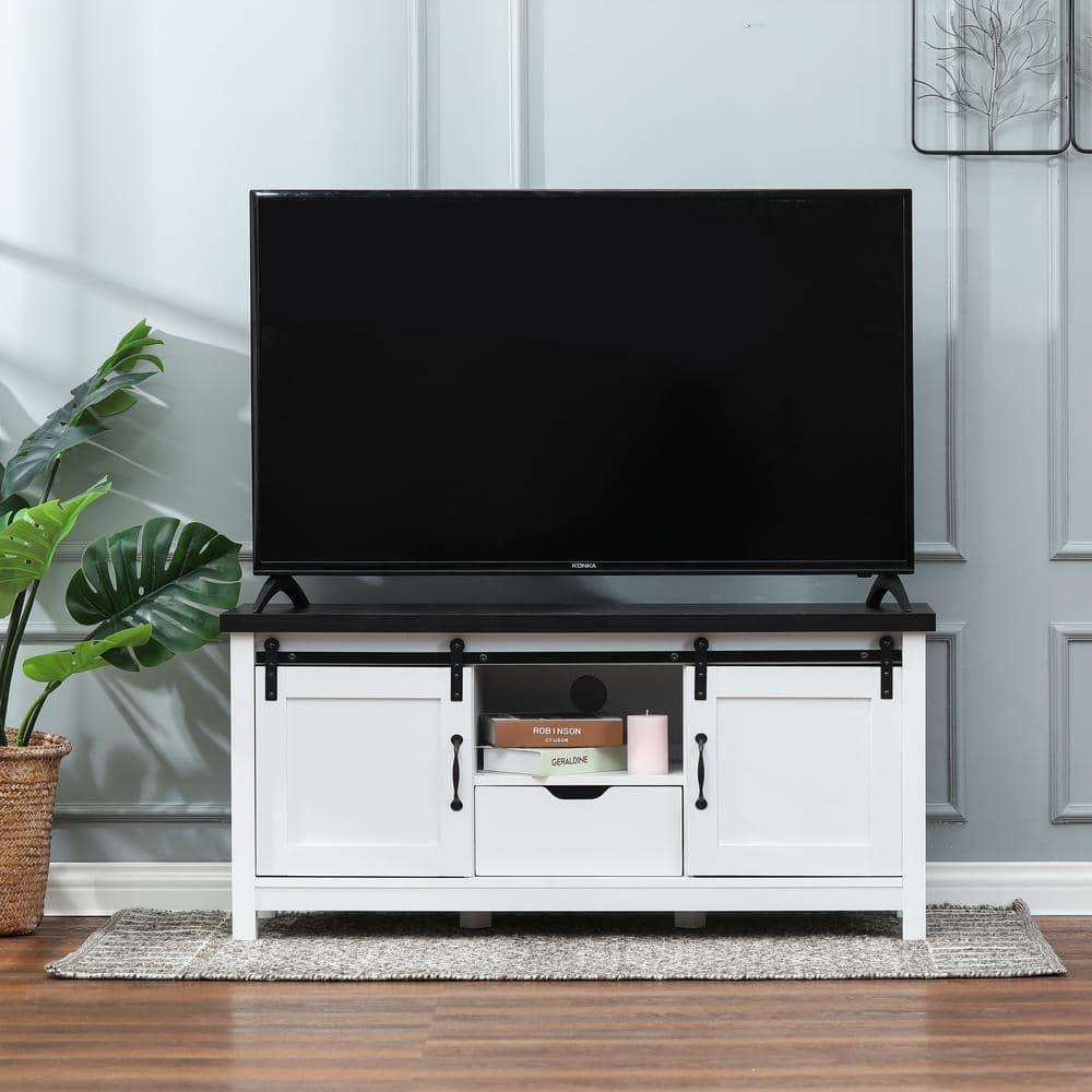 LuxenHome Modern Farmhouse White with Dark Brown 47.3" Wide TV Stand for TVs Up To 55-Inch