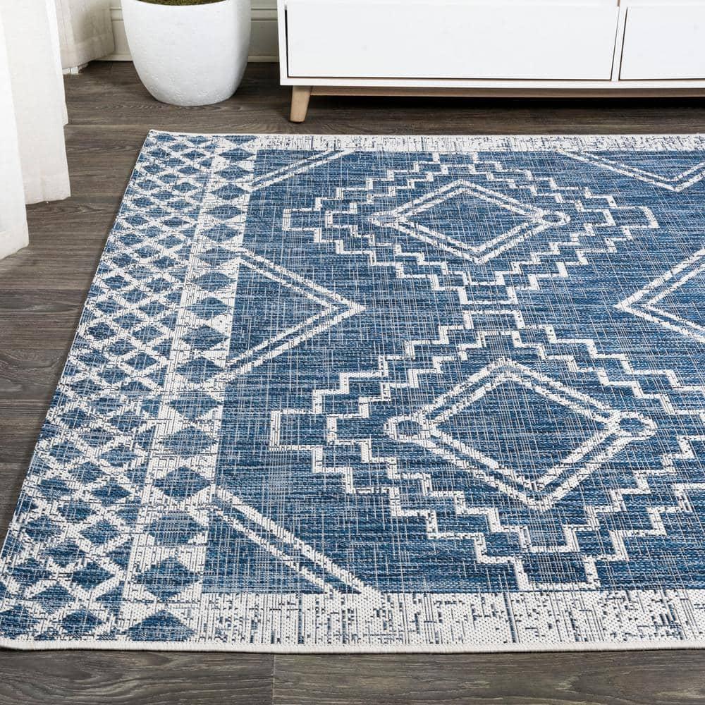 3'x5' Marokko Diamond  Medallion Indoor/Outdoor Area Rug, Blue/Ivory - JONATHAN Y