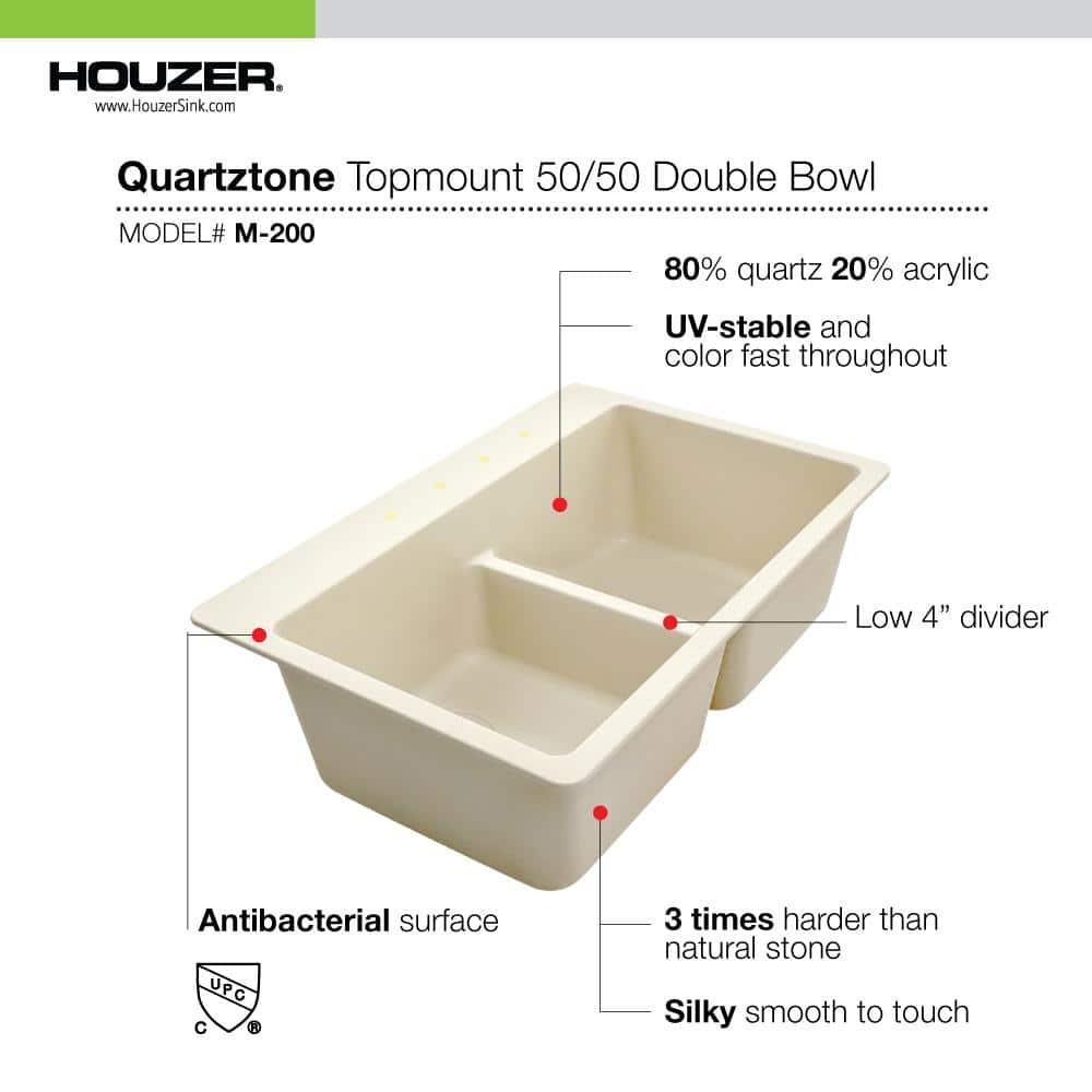Houzer M-200 CLOUD Quartztone Series Granite Topmount 50/50 Double Bowl Kitchen Sink, White