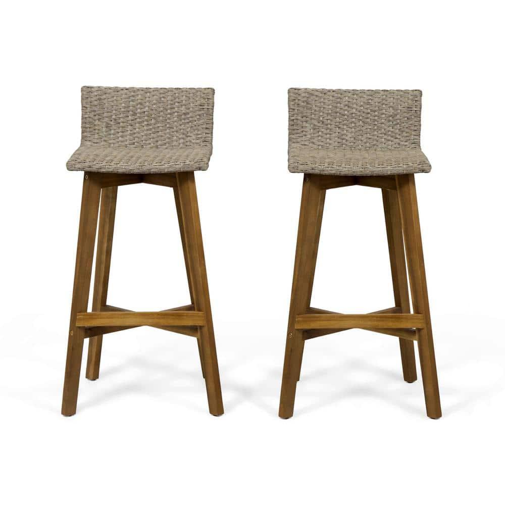 Pico Brea Outdoor Acacia Wood & Wicker Barstools, Set of 2, Light Brown and Teak