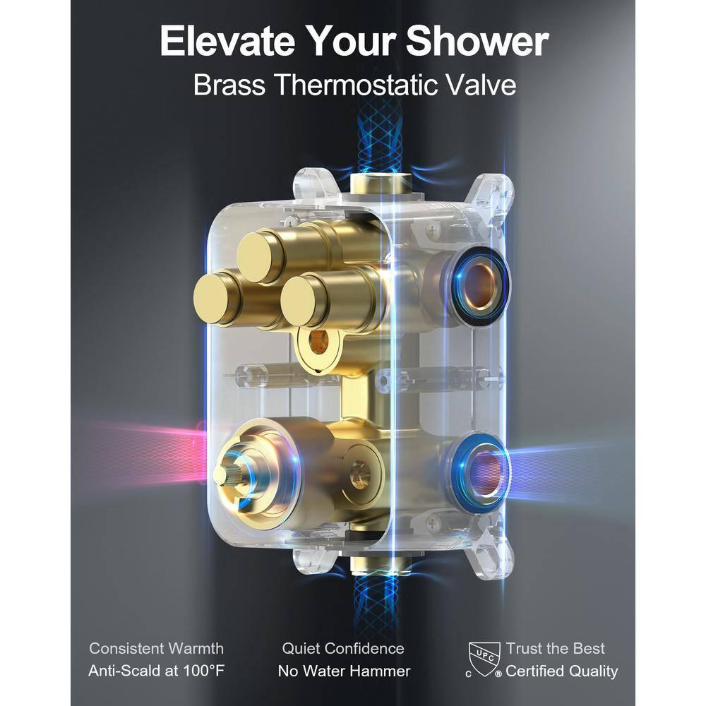 GRANDJOY Dual Wall Mount Rainfall Shower Head System Adjustable 12 inch & 6 inch Shower Faucet Set with Handheld Shower Spray Thermostatic Pressure Balance Value, Brushed Gold