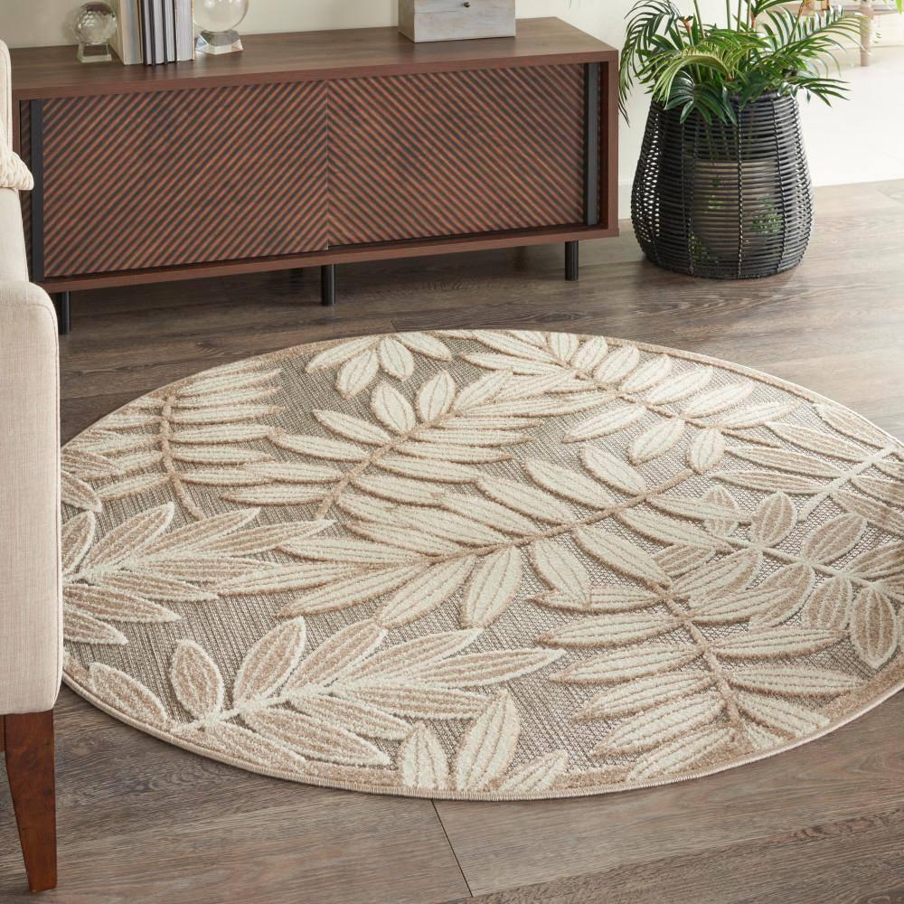Nourison Aloha Floral Leaf Flatweave High-Low Indoor Outdoor Round Rug Natural 5'3" x 5'3"