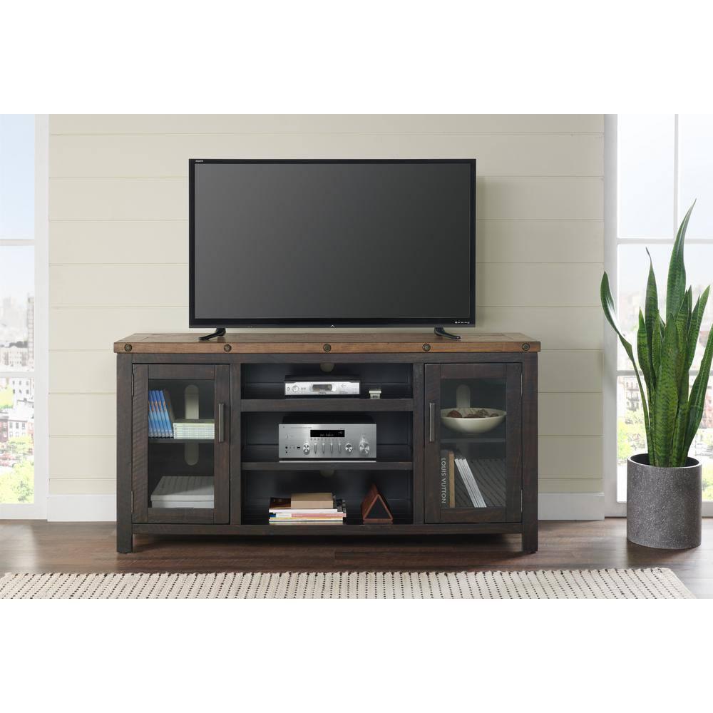 TV Stand with 2 Doors and Open Cubbies, Brown and Black- Saltoro Sherpi