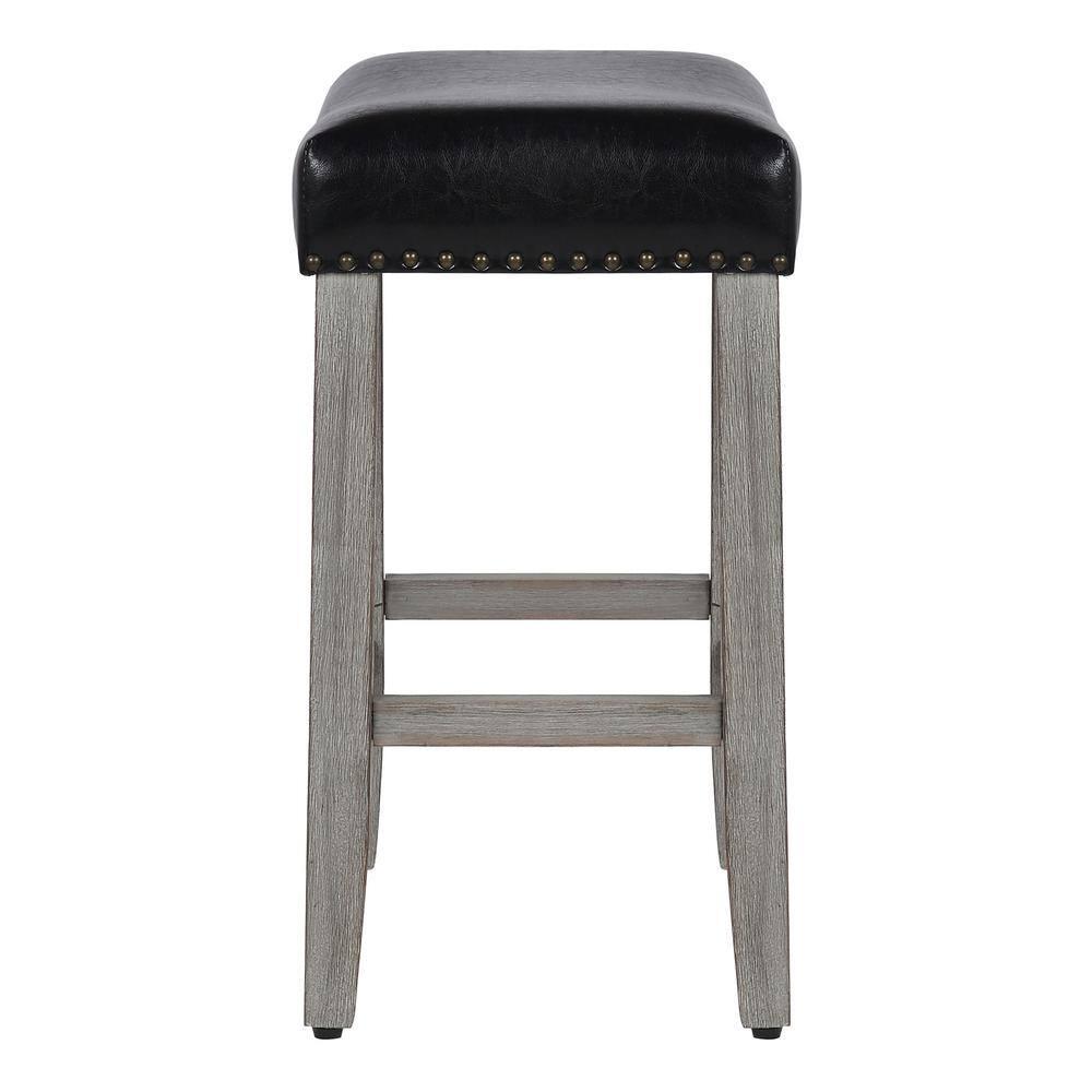 24" Inch Upholstered Saddle Seat Bar Stool (Set of 2), Antique Gray/Leather