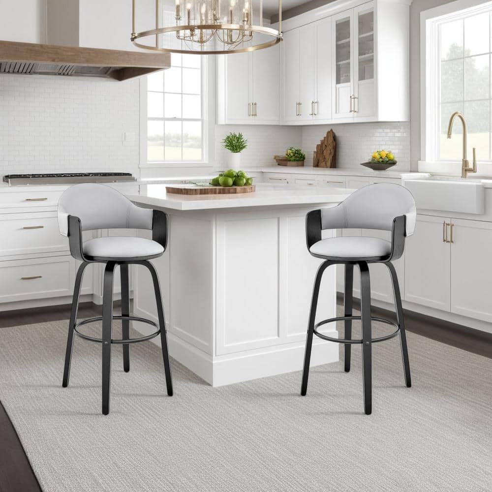 Armen Living 26" Daxton Counter Height Barstool with Gray Faux Leather Seat Black Finish Frame: Swivel, Curved Back, Footrest