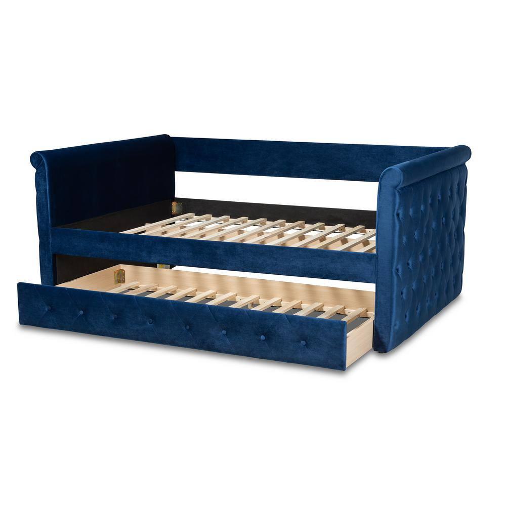Baxton Studio Amaya Modern and Contemporary Navy Blue Velvet Fabric Upholstered Full Size Daybed with Trundle