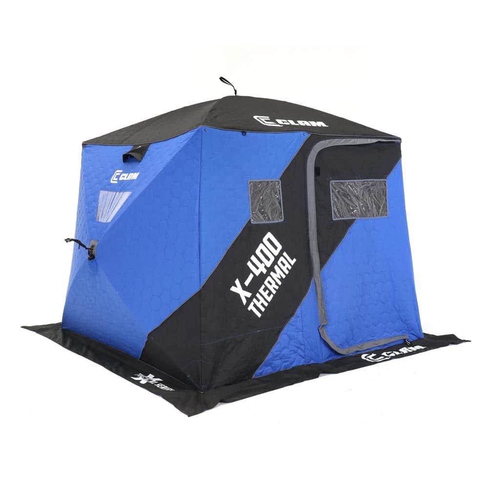CLAM 17479 X-400 Portable 3 to 4 Person 8-Foot Pop-Up Ice Fishing Angler Thermal Hub Shelter Tent with Anchor Straps and Carrying Bag