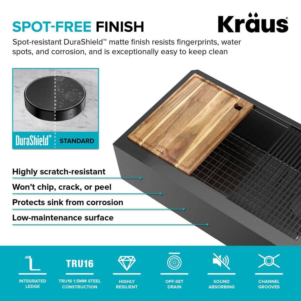 KRAUS Kore™ Workstation 33" L Farmhouse Modern Flat Apron Front 16 Gauge Black Stainless Steel Single Bowl Kitchen Sink
