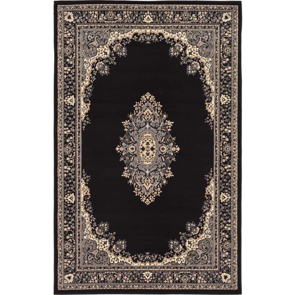Unique Loom Reza Collection Traditional Persian Style Area Rug, Rectangular 5' 0" x 8' 0", Black/Beige