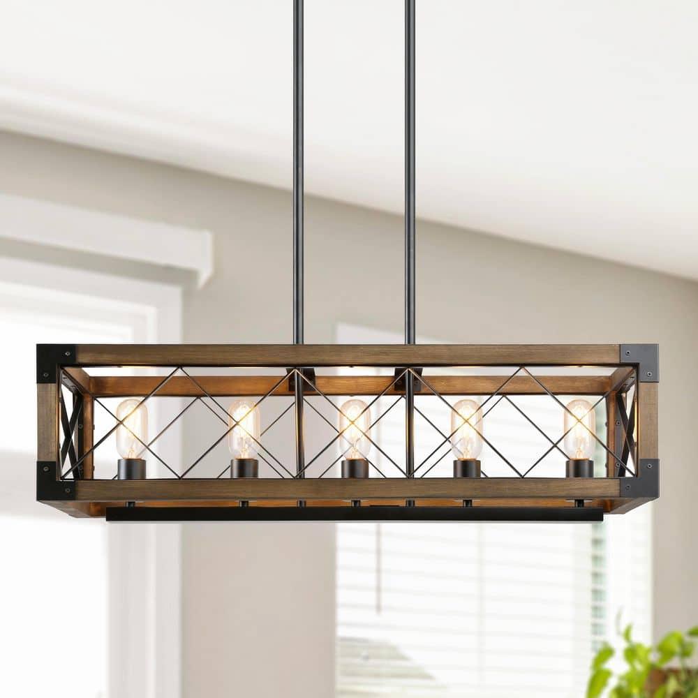 Farmhouse 5-Light Wood and Black Metal Chandelier, Rectangular Kitchen Island Light Fixture