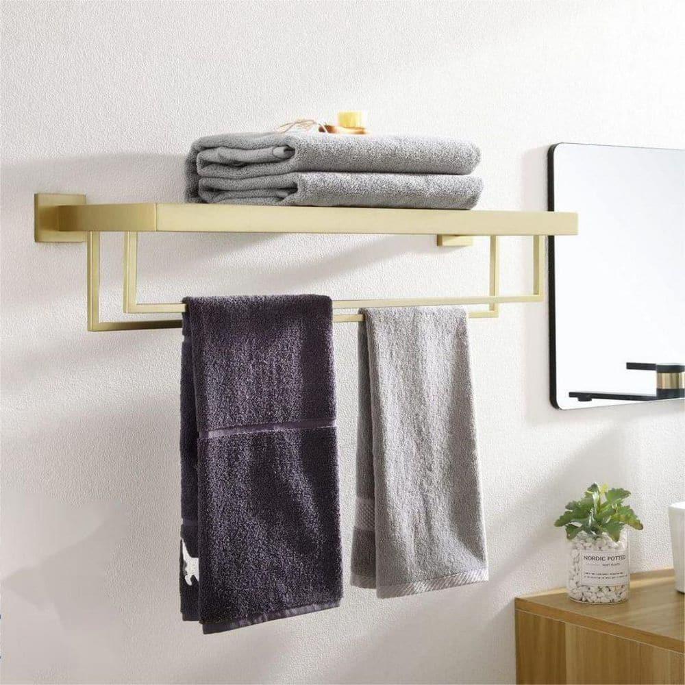 KOKOSIRI Towel Shelf Holder 24'' Bathroom Towel Rack with Two Bath Towel Bars Rails SUS304 Stainless Steel Wall Mount, Brushed Gold, B6003BG