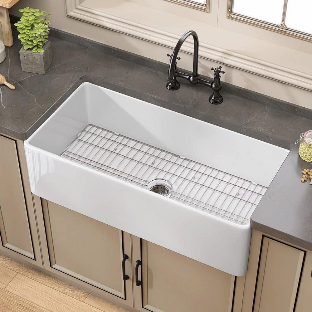 Pure 33 in. Workstation White Kitchen Sink Apron Front Fireclay Farmhouse Sink Single Bowl with Accessory Kit
