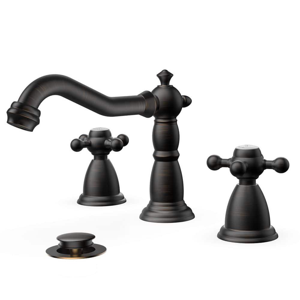 FORIOUS Vintage 3 Hole Bathroom Faucets Oil Rubbed Bronze, 2 Handle 8 Inch Widespread Antique Faucet for Bathroom Vanity RV Farmhosue Sink with Metal Pop Up Drain and Supply Lines