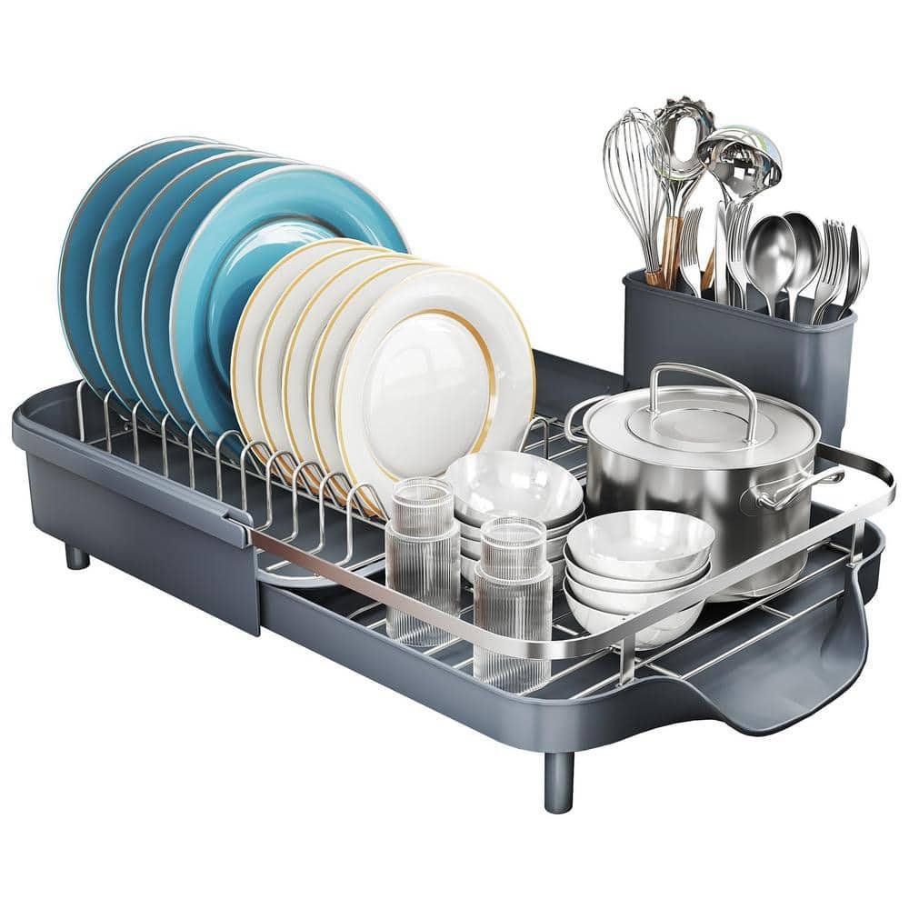 Anadea Dish Drying Rack, Expandable Dish Rack For Kitchen Counter, Stainless Steel Dish Drainer With Drainboard Set And Utensil Holder