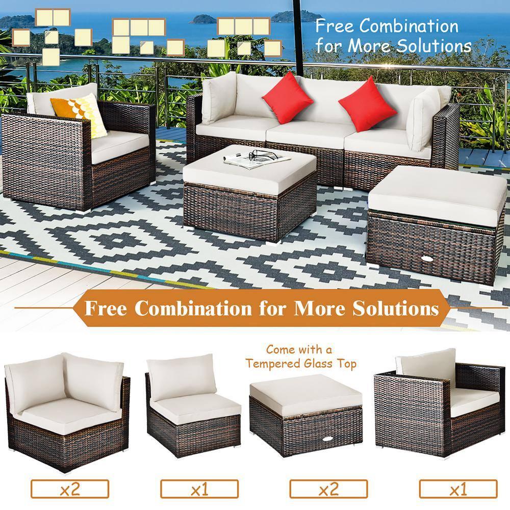 Patiojoy 6PCS Rattan Patio Furniture Set Cushioned Sofa Chair Ottoman White
