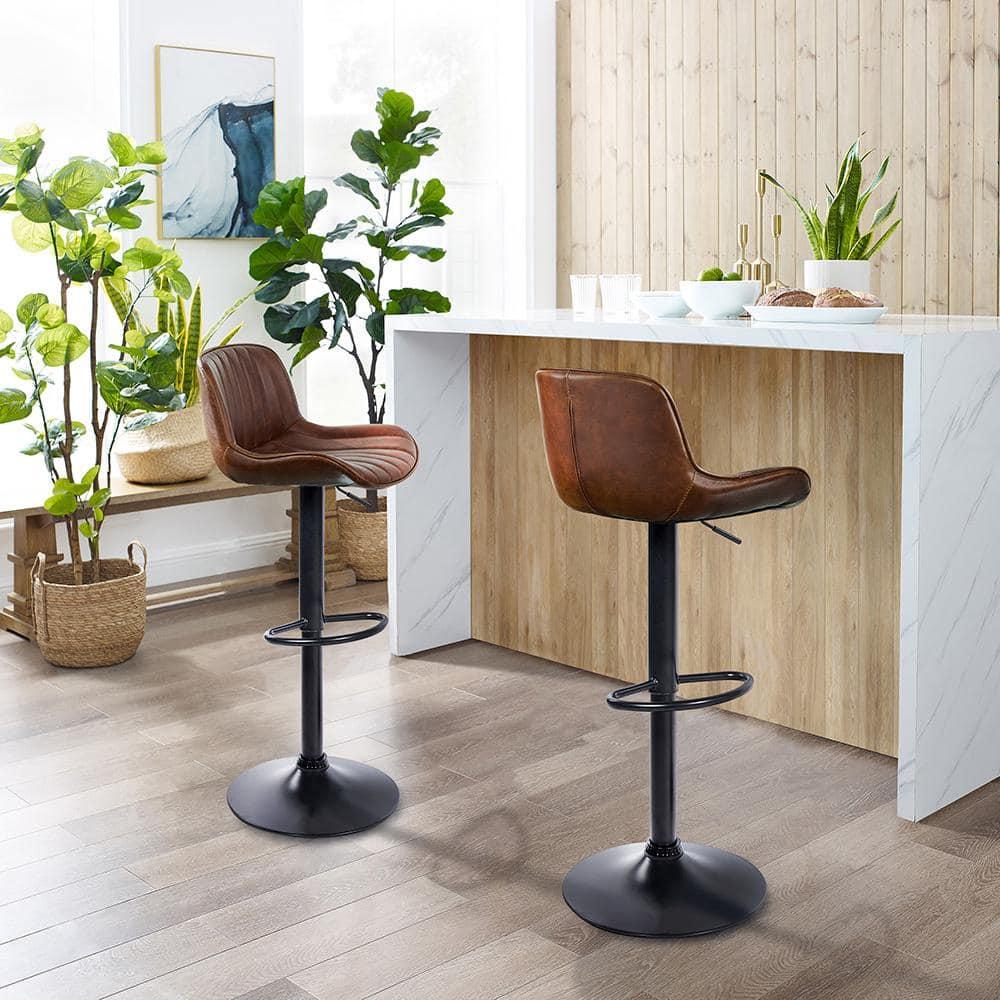 Art Leon Rustic Bar Stools Set of 2, Faux Leather with Backrest Chrome Legs, Upholstered Swivel Kitchen Stools, Cognac