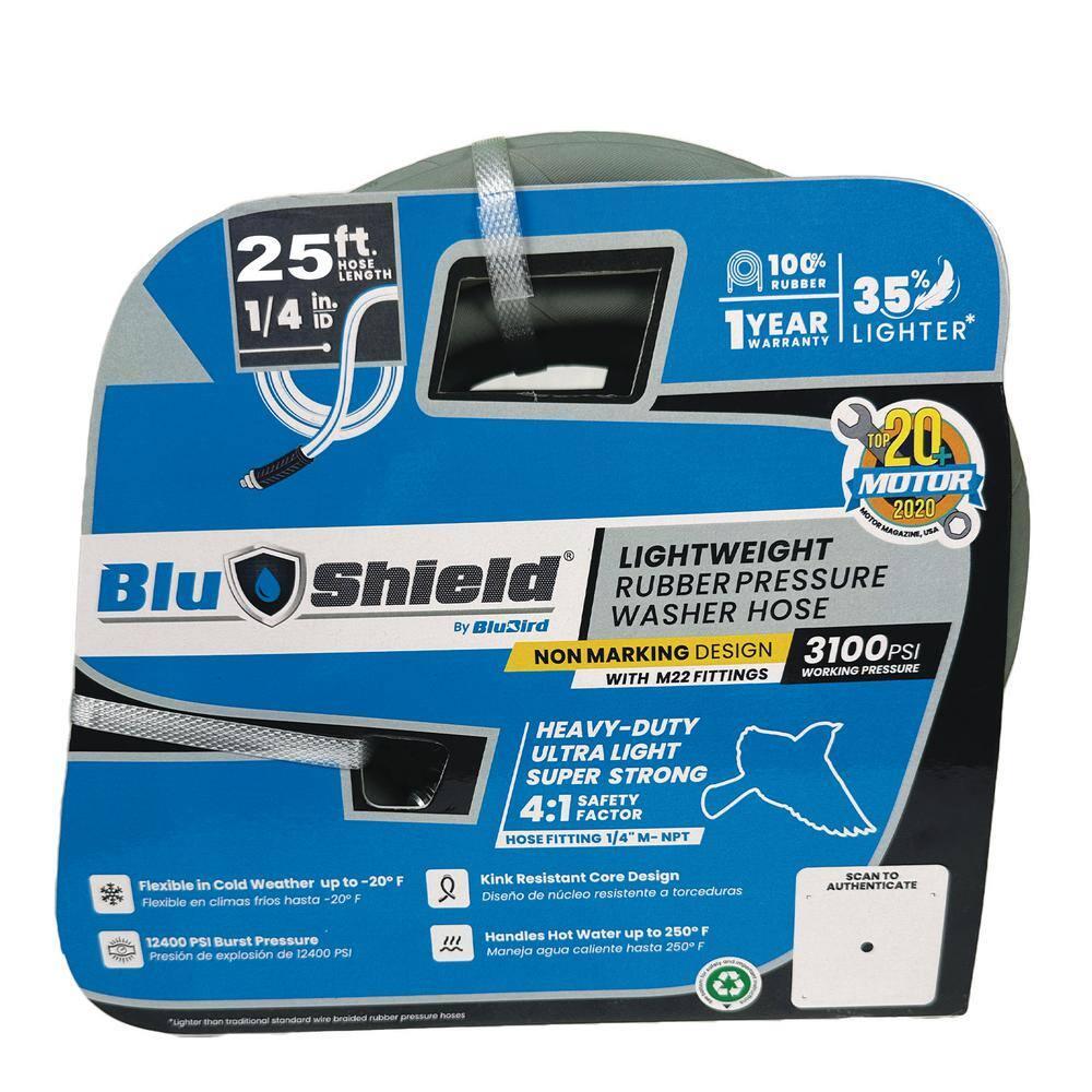 BluShield 1/4" Gray Polyester Braided Rubber Pressure Washer Hose, 25 ft