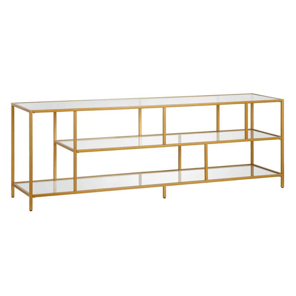 Evelyn&Zoe Winthrop Rectangular TV Stand with Glass Shelves for TV's up to 75", Brass