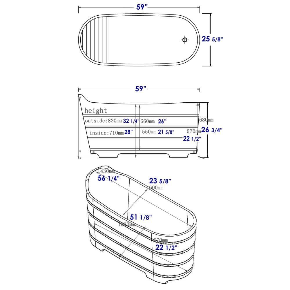 59'' x 25.6'' Freestanding Soaking Solid Surface Bathtub
