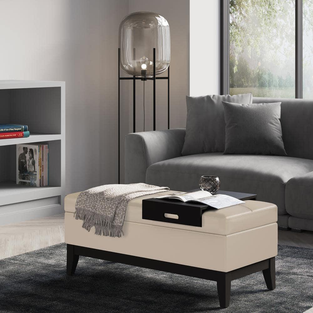 Simpli Home Oregon 42" Wd. Storage Ottoman Bench with Tray in Satin Cream Faux Leather
