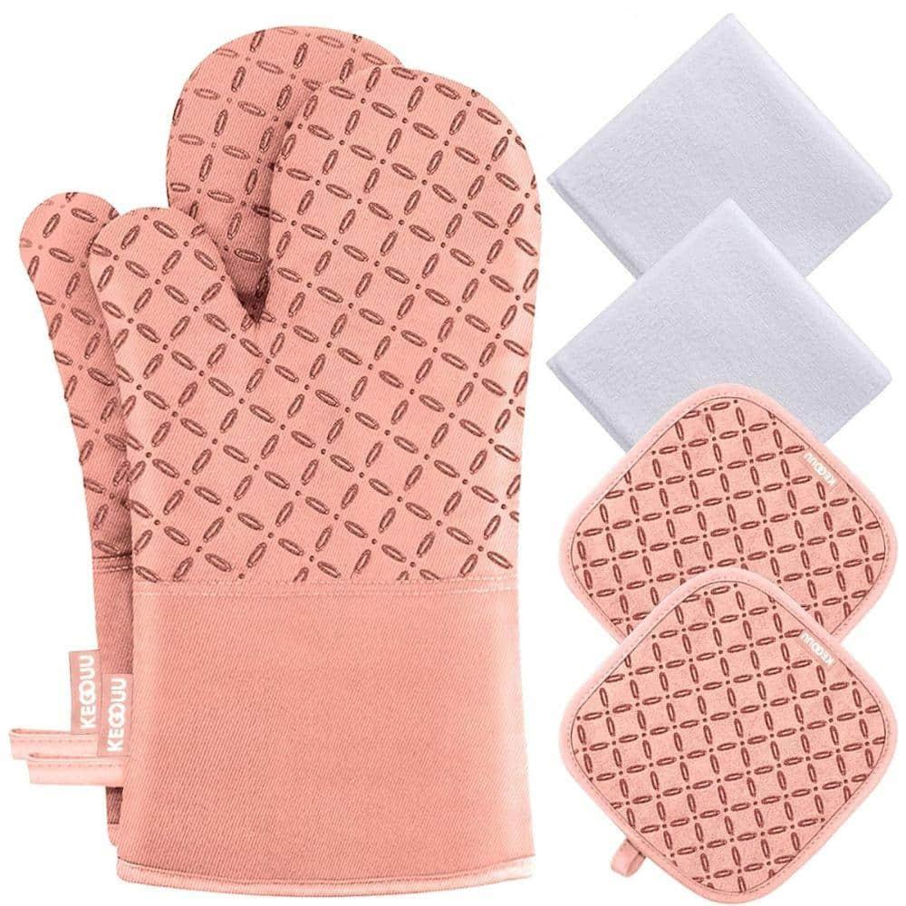 Oven Mitts and Pot Holders 6pcs Set, Kitchen Oven Glove High Heat Resistant 500 Degree Extra Long Oven Mitts and Potholder with Non-Slip Silicone Surface for Cooking (Grey)