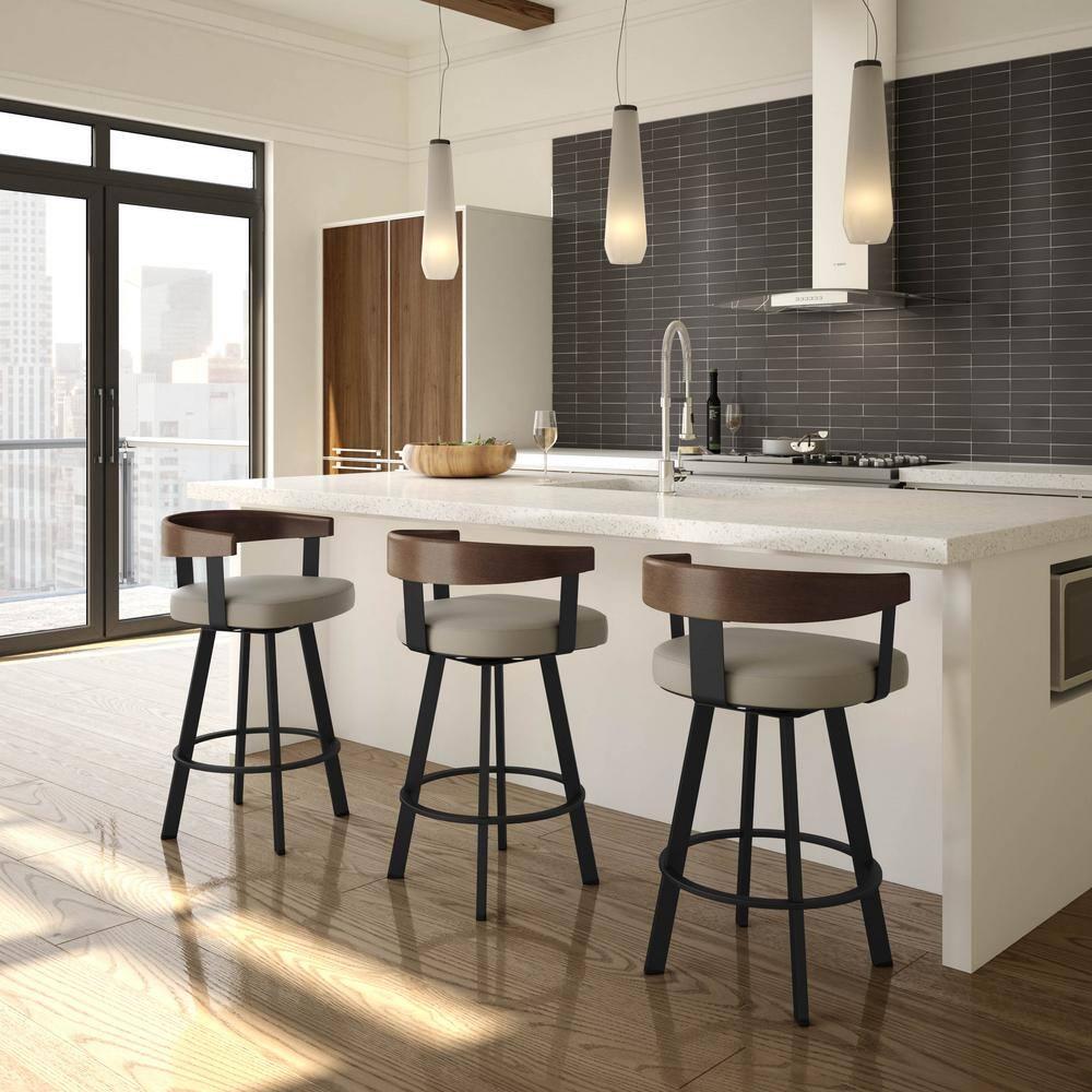 Amisco Lars Upholstered Barstool Greige/Black: Faux Leather, Steel Frame, 30" Fixed Height