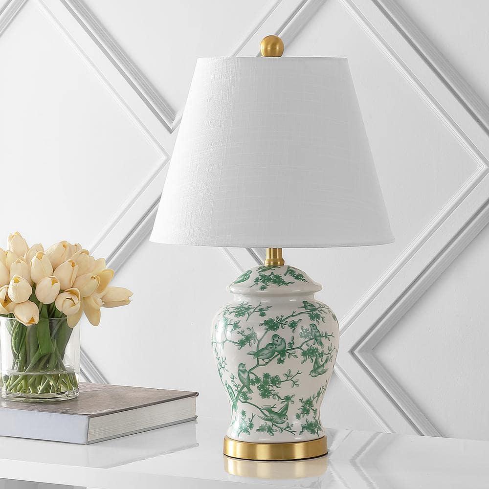 JONATHAN Y JYL3005B Penelope 22" French Country Cottage Ceramic/Iron Chinoiserie Ginger Jar LED Table Lamp, Classic for living room, dinning room, bedroom Bulb Included, White/Green