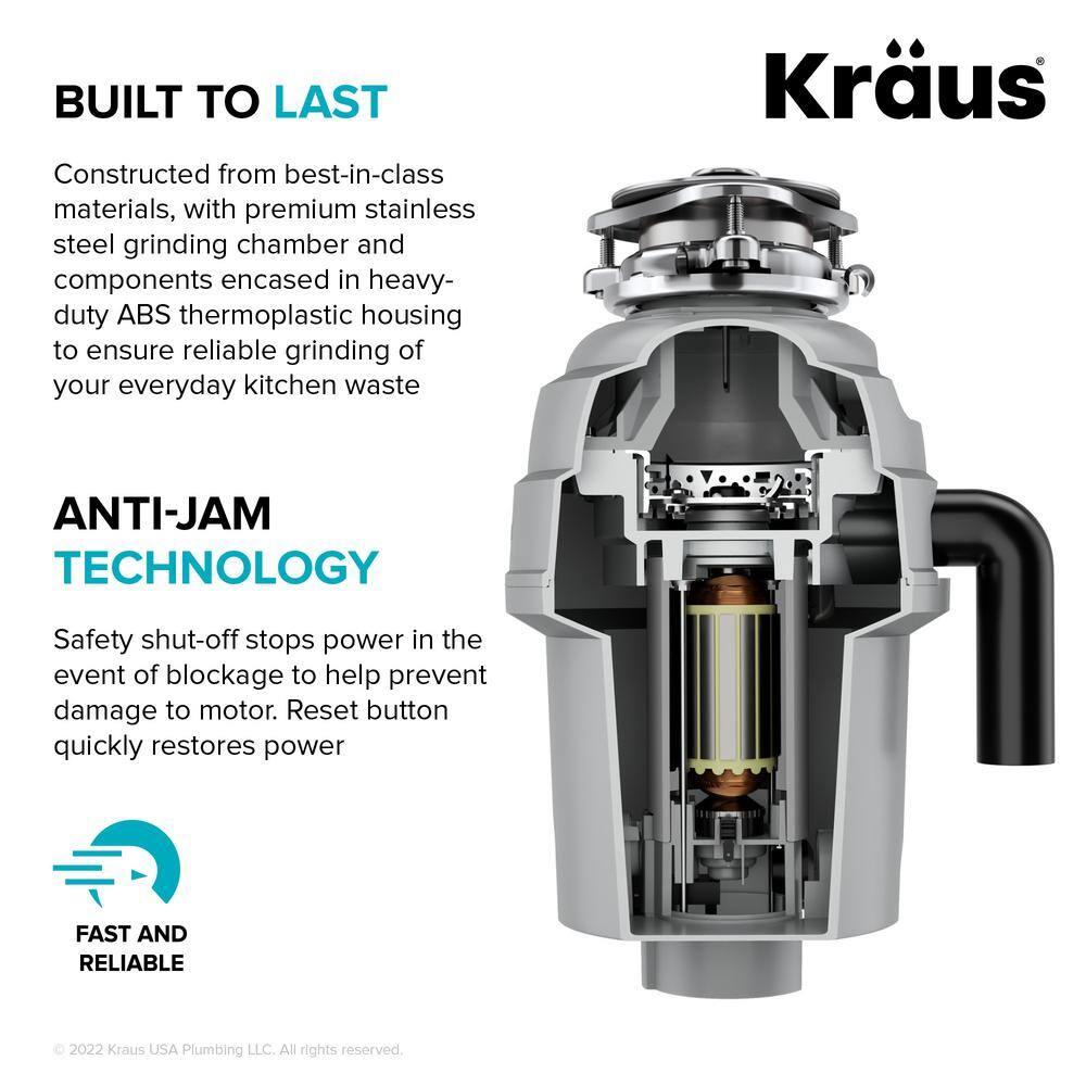 Kraus KRAUS Wasteguard High-Speed 3/4 HP Continuous Feed Ultra-Quiet Motor Garbage Disposal With Power Cord And Flange Included And Universal Mount, KWD210-75MGR