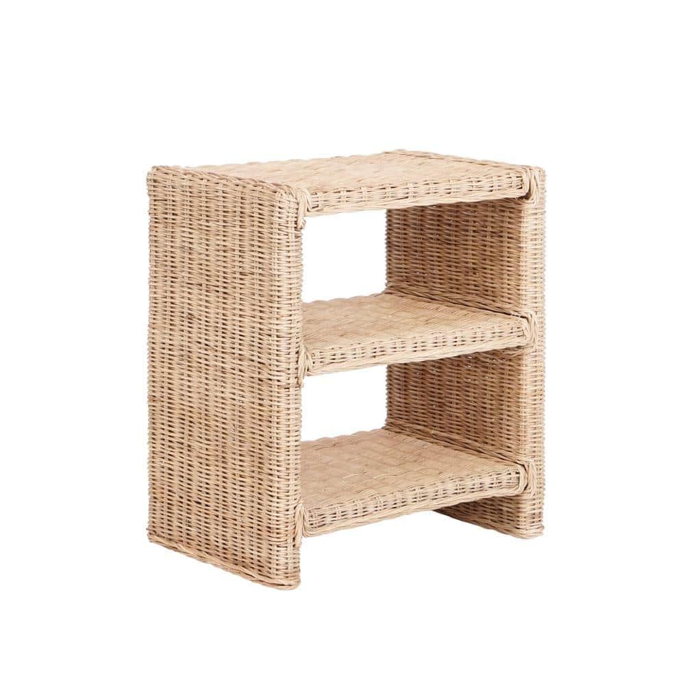 JONATHAN Y Praerie 22" Coastal Bohemian Rattan/Wood 3 Tier End Table, Natural