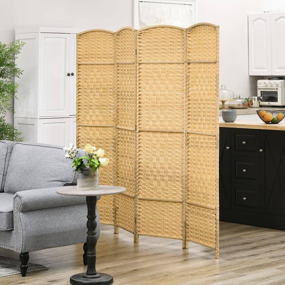 HOMCOM 4 Panel Room Divider, 6' Tall Folding Privacy Screen, Hand-Woven Freestanding Wood Partition for Home Office, Bedroom, Nature Wood