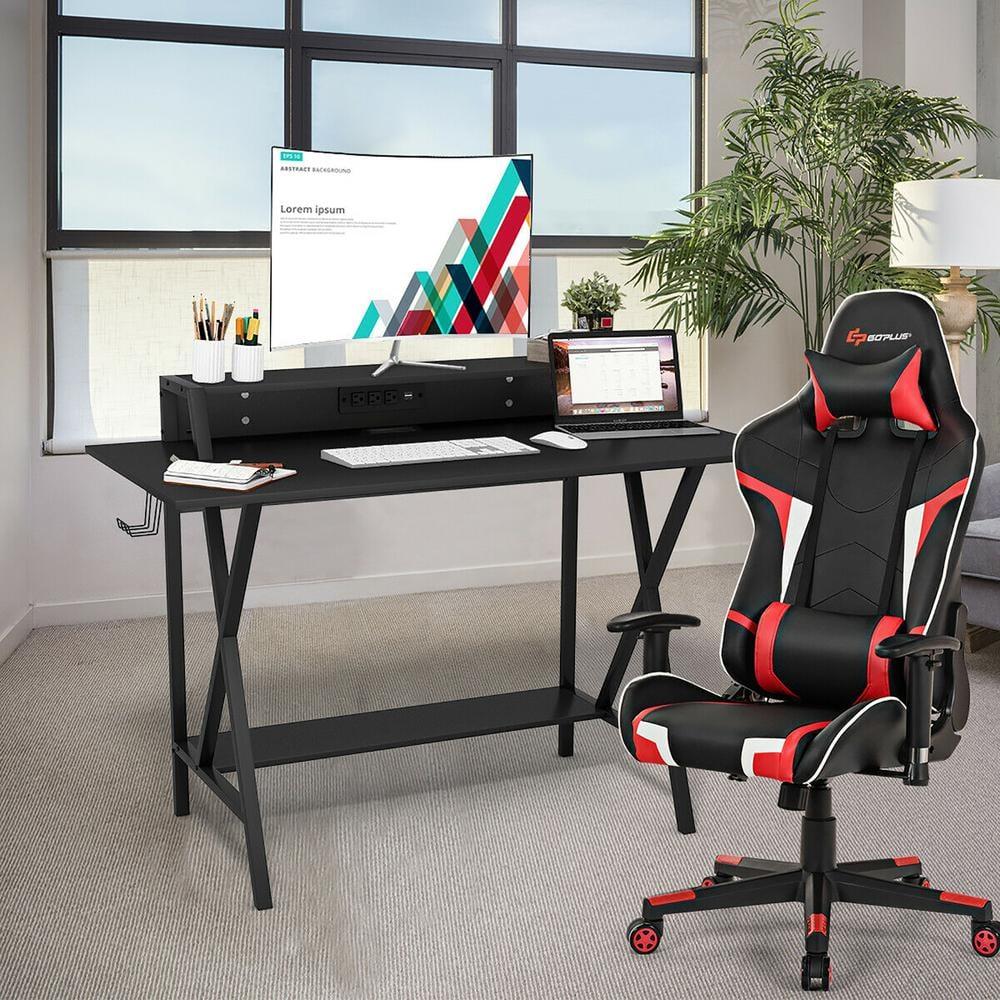 Goplus Gaming Computer Desk&Massage Gaming Chair Set w/Monitor Shelf Power Strip Red