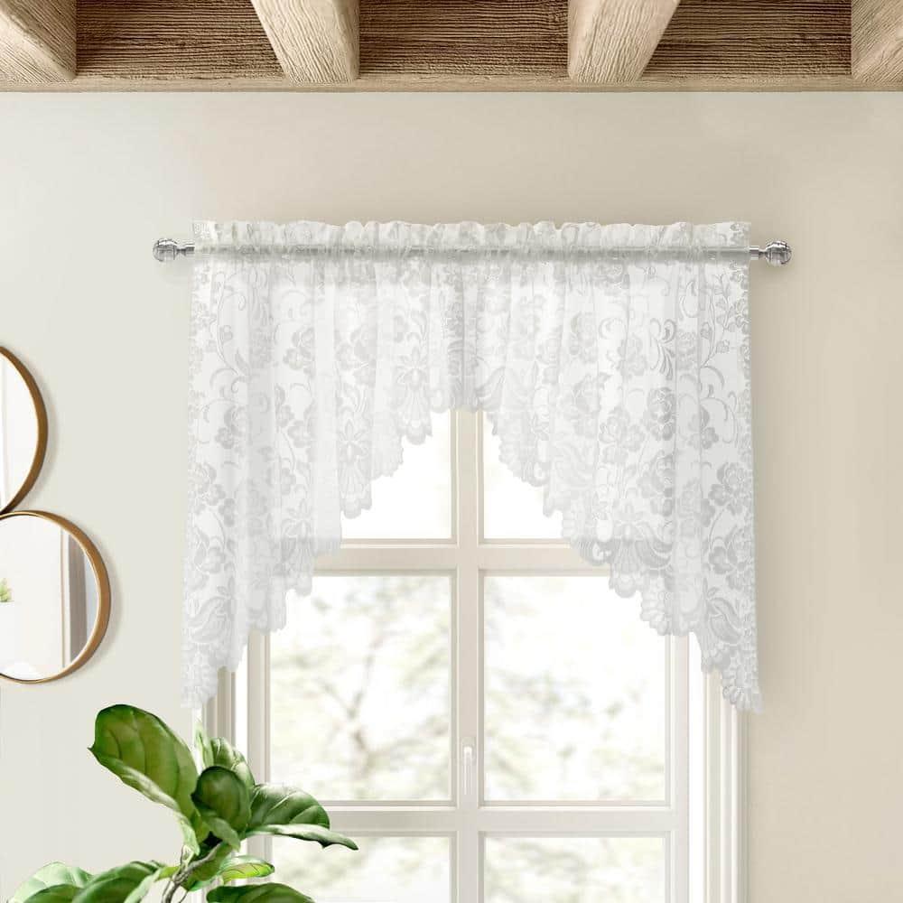 Habitat Limoges Sheer Rod Pocket Delicate Scalloped Bottom Hem Floral Lace Design Swag Valance Set 72" x 32" White