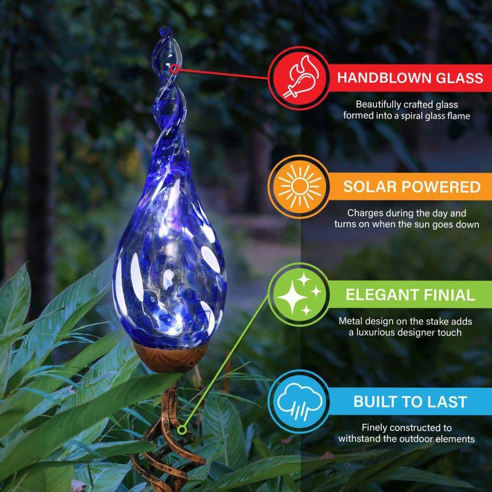 Exhart Exhart Solar Pearlized Hand Blown Glass Twisted Flame Garden Stake with Metal Finial Detail, 36 Inch