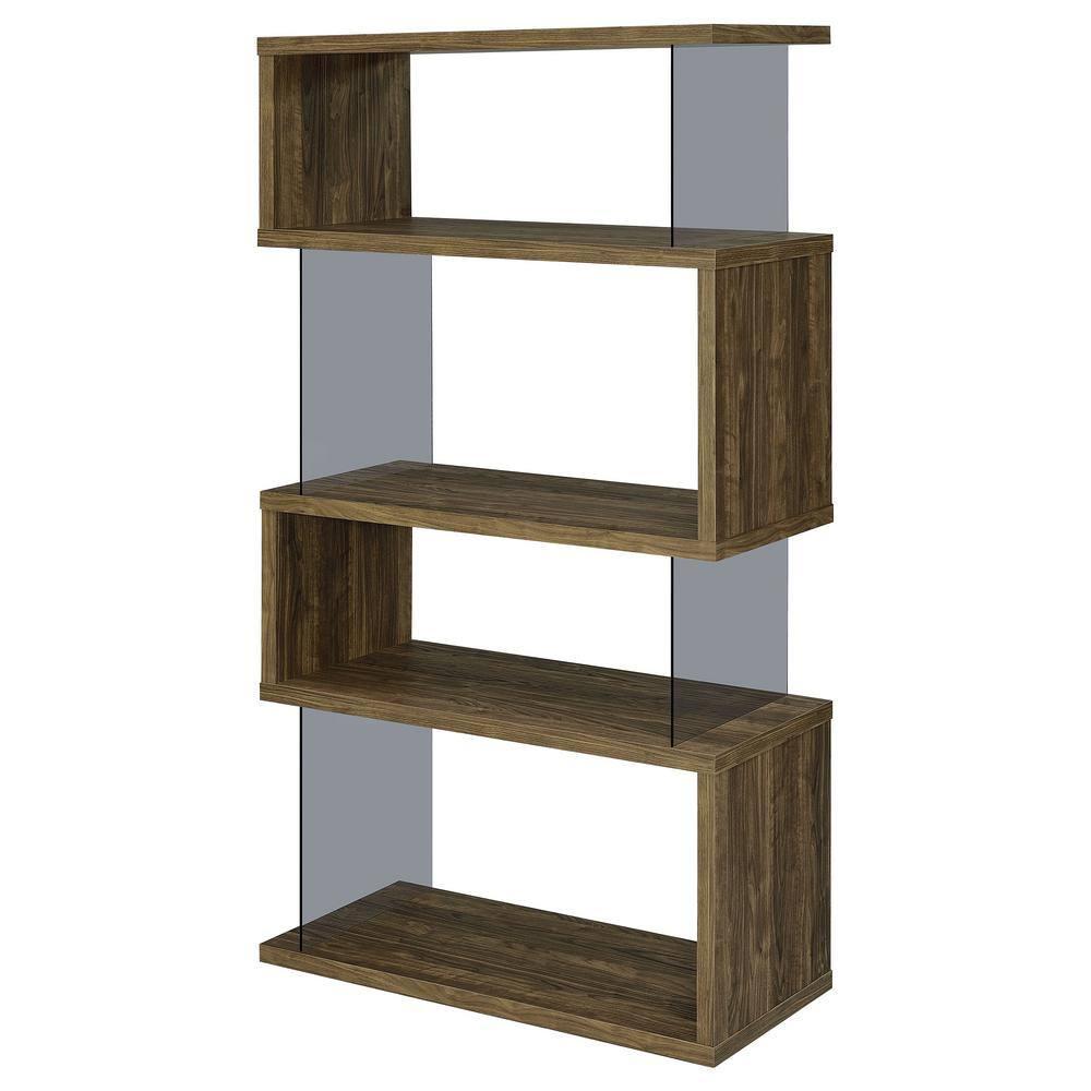 63" Emelle 4 Shelf Zig Zag Bookcase with Glass Panels Walnut - Coaster: Modern Laminated Storage Display