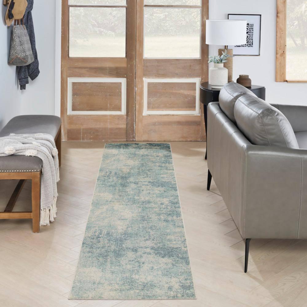 Nourison Astra Machine Washable Modern Abstract Indoor Rug Blue Ivory 2'2" x 8'