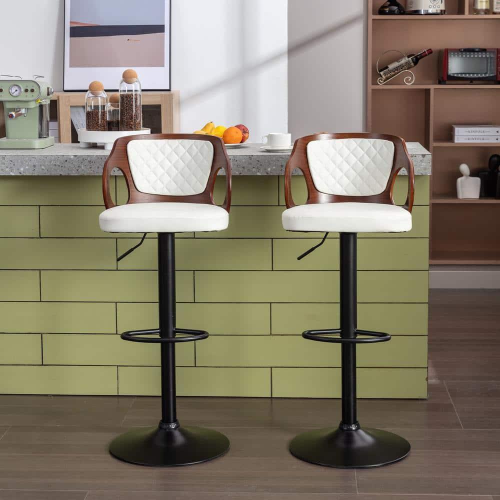 ECOTOUGE Swivel Bar Stools Set of 2, Height Adjustable Island Stools with Bentwood Back, Faux Leather Counter Height Bar Stools for Kitchen, Pub and Cafe, White