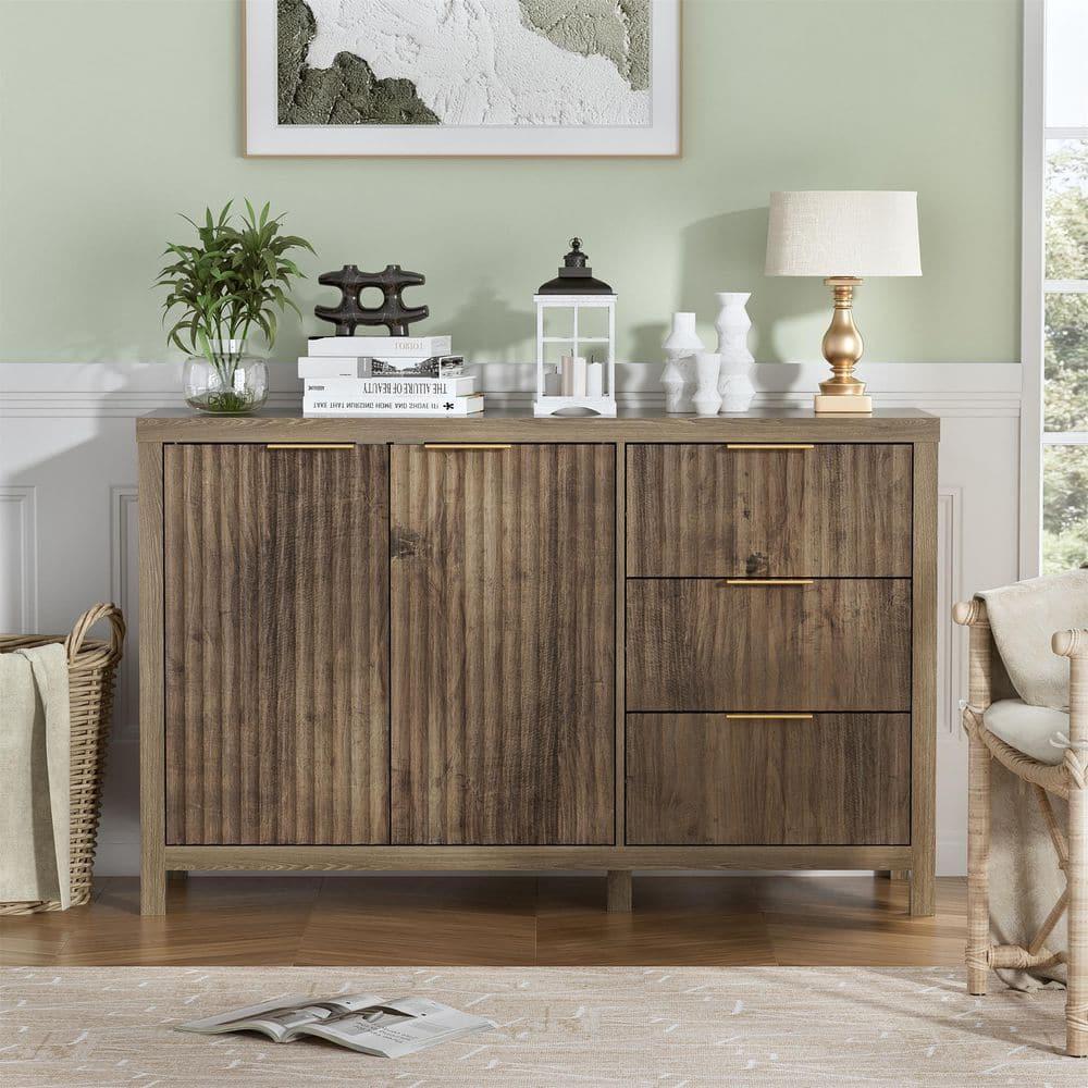 47" Brown MDF Wood Sideboard Buffet Cabinet with Grooved Doors and Drawers