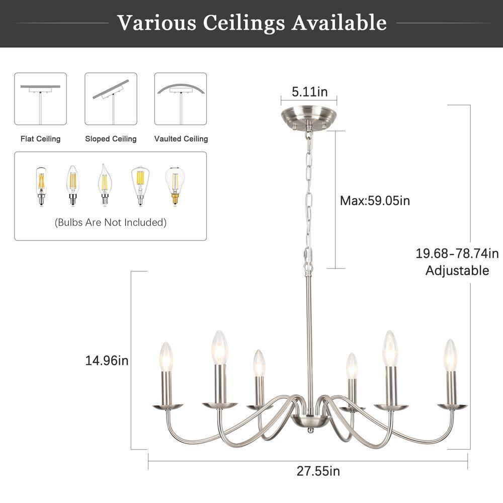 6-Light Farmhouse Chandelier for Dining Room Lighting Fixtures Hanging Brushed Nickel Chandelier for Kitchen Industrial Pendant Candle Lighting or Living Room Entryway Bedroom Foyer
