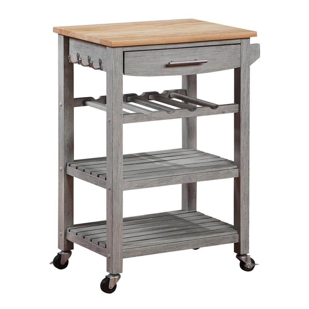 Ellaine Light Gray Solid Wood Butcher Block Kitchen Cart with Wine Rack