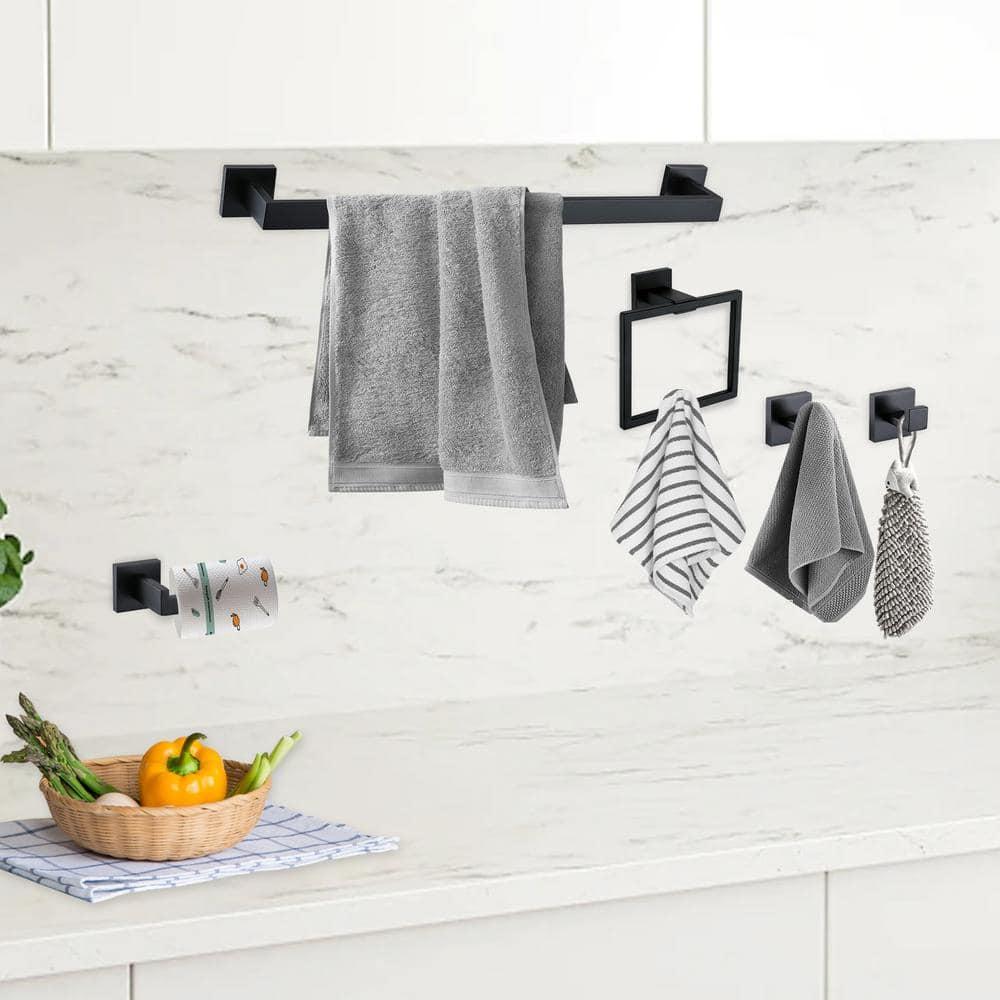 Stainless Steel Matte Black Bathroom Hardware Accessories - 5 Piece Set with 16 inch Square Towel Bar, Towel Rack & Holder