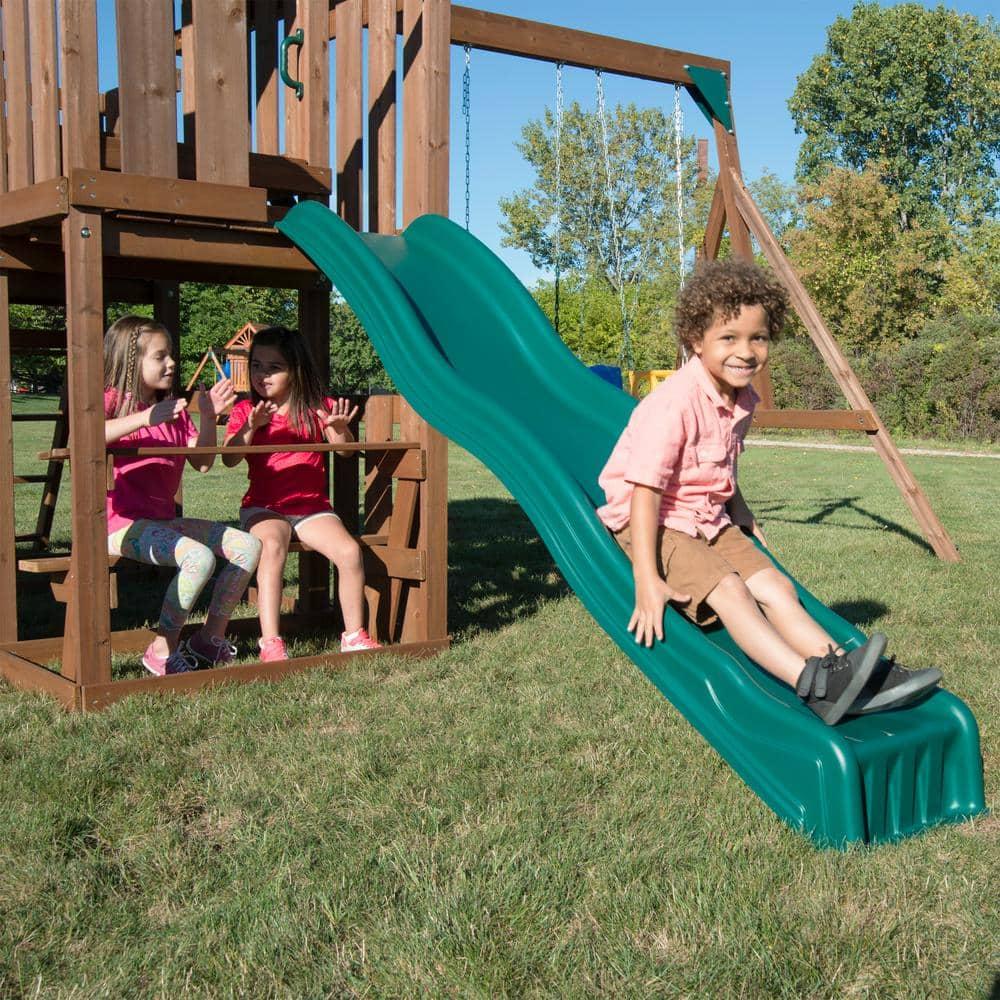Swing-N-Slide Tellico Terrace Wooden Backyard Swing Set with Tube Slide, Wave Slide, Climbing Wall, and Swings